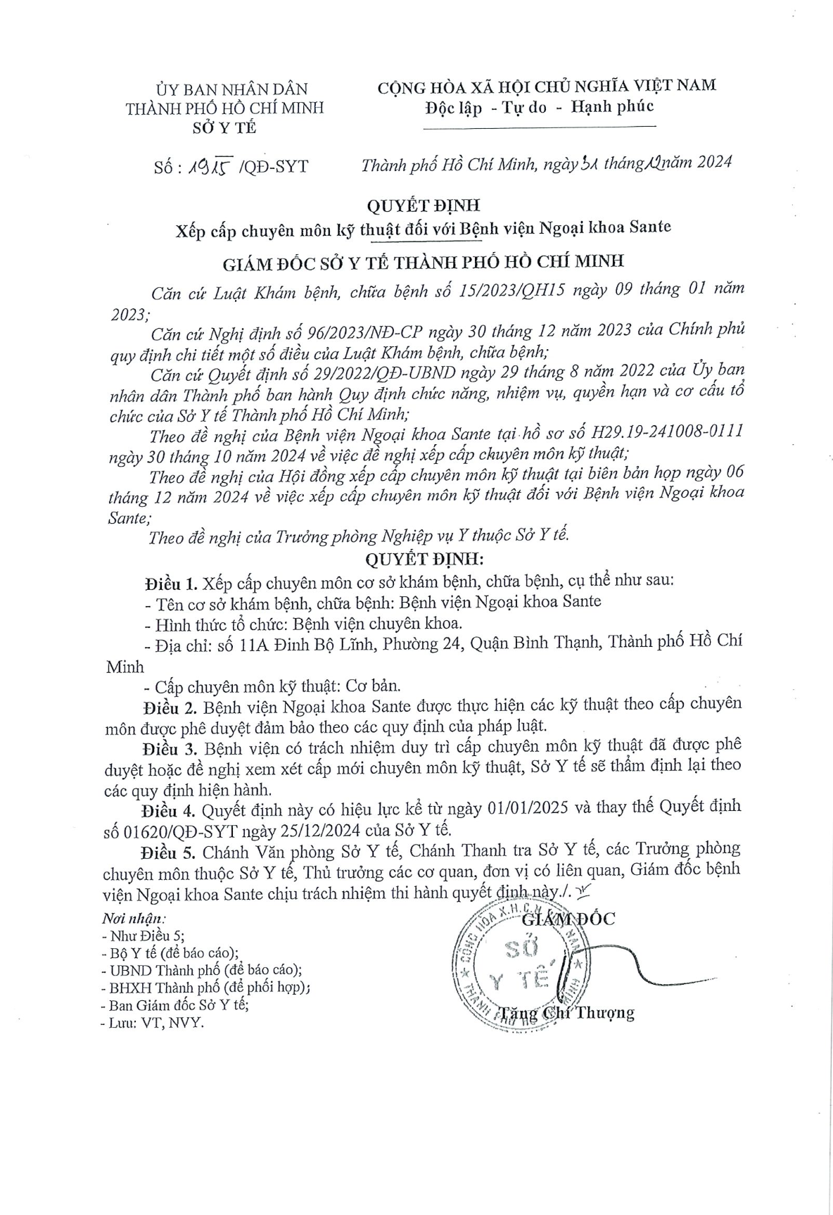Decision on Technical Classification of Sante Hospital – Department of Health of HCMC