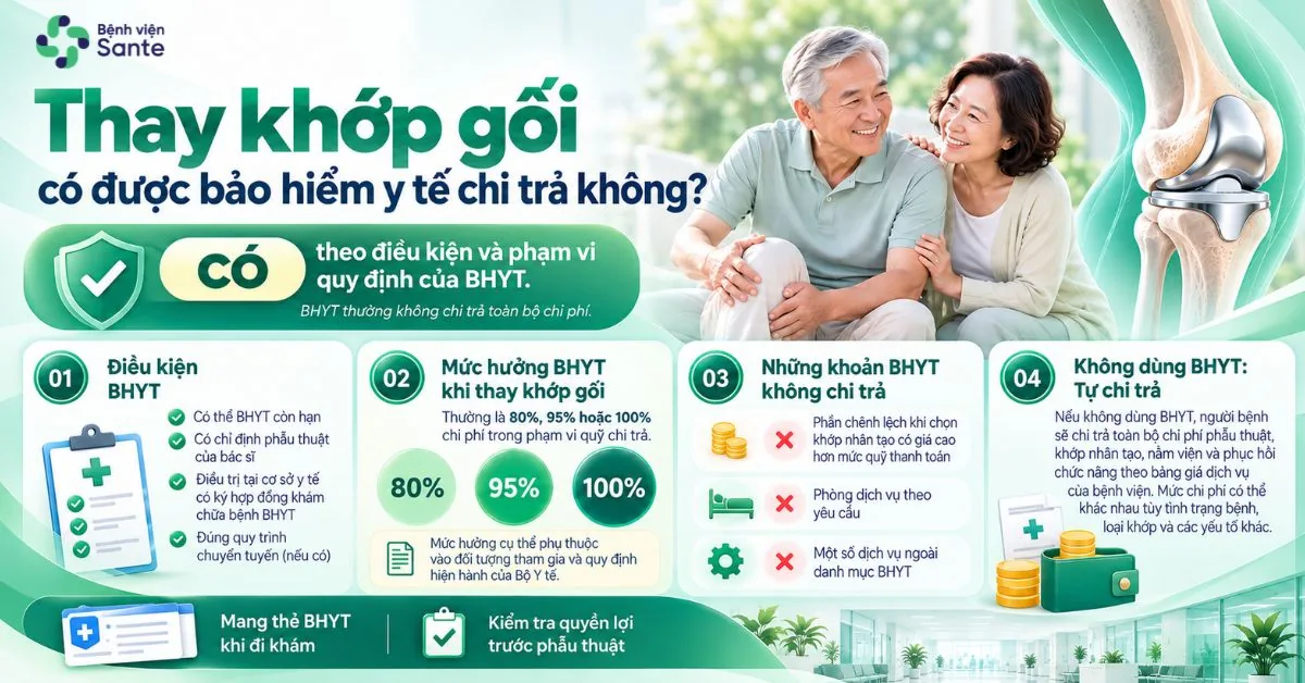 Bệnh viện Sante - Thay Khớp Gối Hết Bao Nhiêu Tiền? Chi Phí Và Mức BHYT Chi Trả 2026 (Hình 3) Infographic cơ chế thanh toán BHYT khi thay khớp gối: danh mục quỹ chi trả và các khoản đồng chi trả của người bệnh