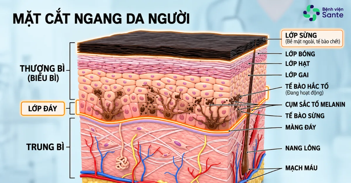 Bệnh viện Sante - “Lột Sạch Nám” Với 1 Miếng Dán? Sự Thật Y Khoa Dưới Góc Nhìn Bác Sĩ Da Liễu Sante Sơ đồ giải phẫu tế bào hắc tố melanocyte tại lớp màng đáy và trung bì da