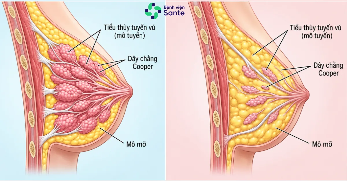 Bệnh viện Sante - Nội Tiết Tố Suy Giảm Có Làm Ngực Nhỏ Đi? Sự Thật Y Khoa (Hình 2) Tiến trình thoái hóa tự nhiên của mô tuyến vú Lobular Involution